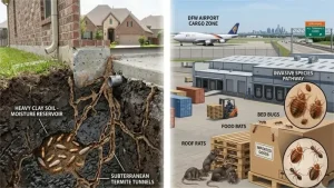 A visual infographic comparing Irving, TX, pest issues to a broader DFW area. The left side, representing Irving, features a cross-section of heavy, dark, and visibly moist clay soil (Blackland Prairie), which acts as a moisture reservoir for an extensive subterranean termite mud tube network leading up to a concrete foundation edge. Multiple live termites are visible in the soil tunnels. The right side illustrates a second unique Irving factor: DFW International Airport. It shows a cargo facility in the foreground with palettes of food products (labeled "IMPORTED GOODS") that have become an "Invasive Species Pathway" for common airport-related pests, specifically Roof Rats and Bed Bugs, which are highlighted with magnifiers. The DFW airport cargo zone and control tower are in the background, contrasting with distant high-rise buildings representing other DFW cities.