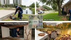An infographic-style map detailing why pest control in Irving, TX, is unique compared to the rest of DFW. The center shows a labeled map of Irving. Surrounding sections illustrate tailored solutions: "LAS COLINAS" (mosquito traps near high-rises/canals), "VALLEY RANCH" (technicians managing ant mounds in established yards), "SOUTH IRVING/HERITAGE DISTRICT" (technician crawling into older pier-and-beam foundation for termite check), and "SEASONAL CYCLES" (showing year-round pressures with cockroaches, rodents, and fire ants across seasonal backdrops).