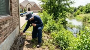 A pest control expert in Irving, TX, in a dark blue uniform and a wide-brimmed hat, inspects the moist soil and concrete foundation of a brick house near a canal. He points to a water-logged area while holding a flashlight. In the background are a larger brick house and a work truck.